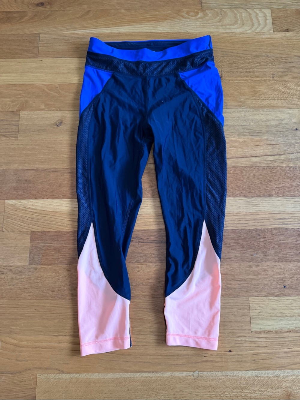 ATHLETA Black Leggings with Blue Trim and Orange Drawcord
